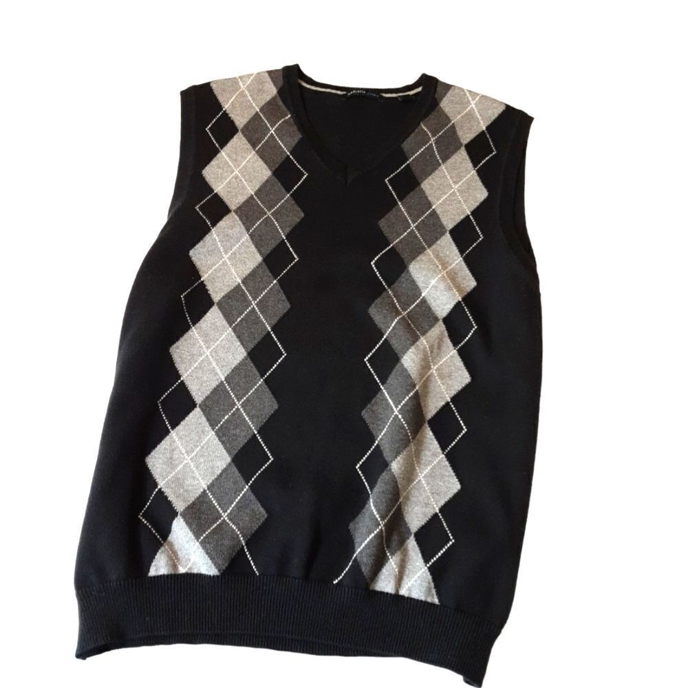 Van Heusen Argyle Sweater Vest‎ Black Gray V-Neck  Classic Retro Size L